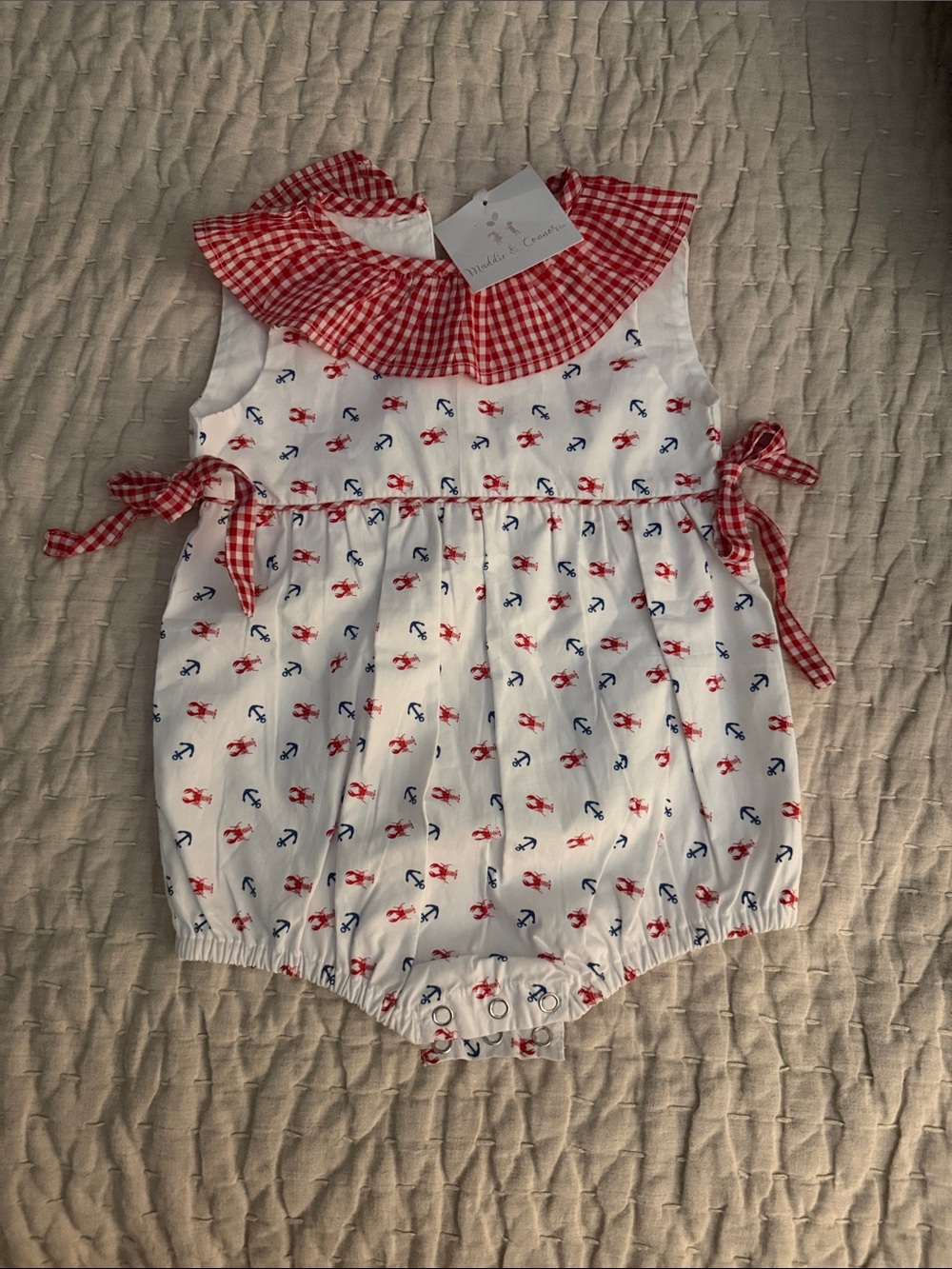 Baby Girls' Red Gingham Collar Nautical Print Bubble